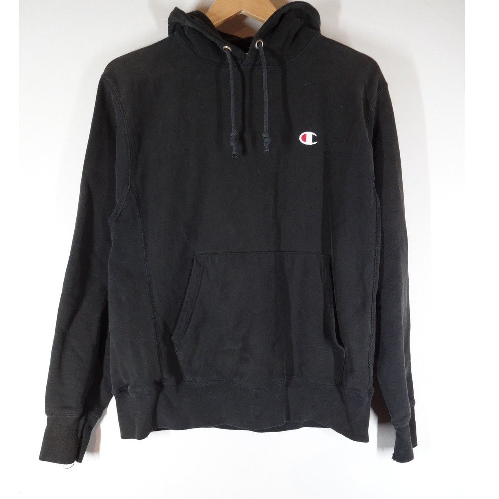 VTG Champion Reverse Weave Hoodie Mens Medium Black Logo Pullover Sweatshirt